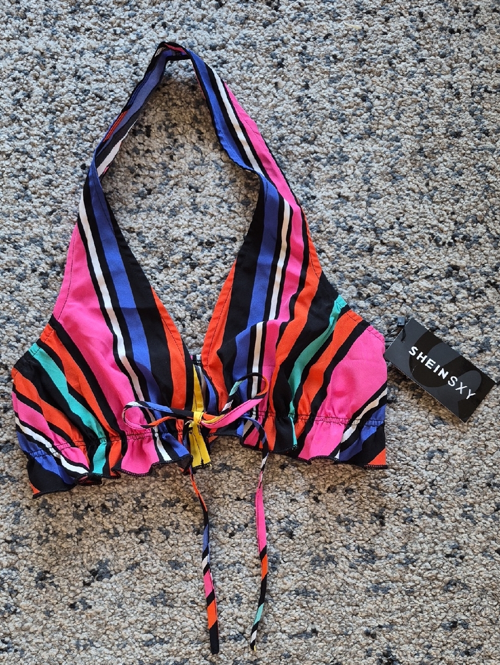 SHEIN Multicolor Striped Halter Bikini Top with Tie